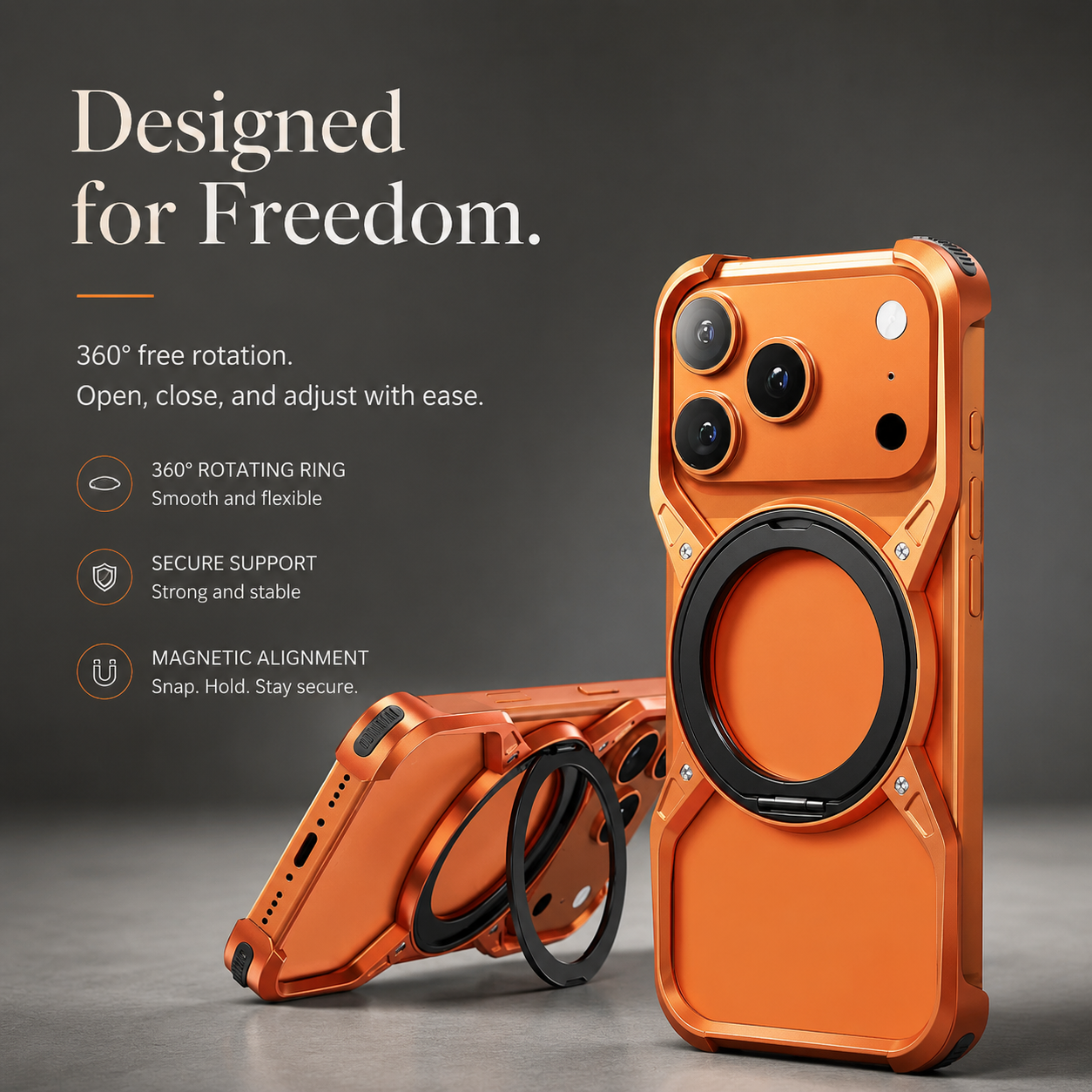 Premium iPhone Case MagSafe Compatible Magnetic Aluminum Bumper Frame Cover 360 Rotating Ring Stand Shockproof Edge Protection Camera Lens Guard Slim Design