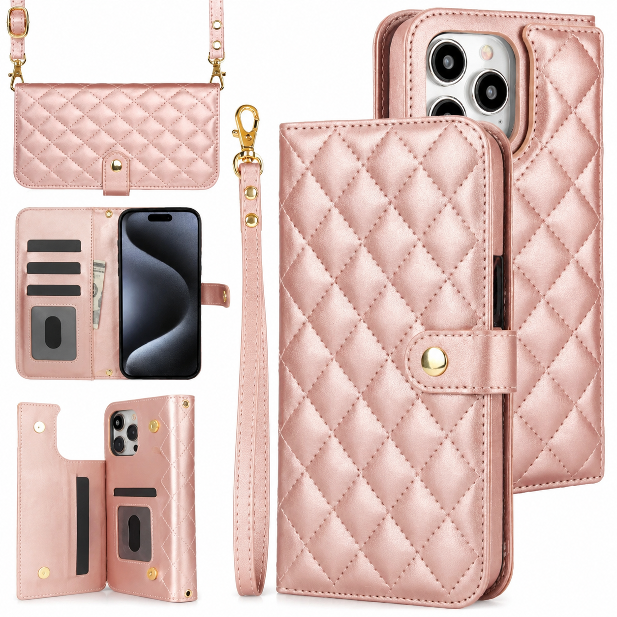 Premium iPhone Wallet Case Crossbody Flip Cover RFID Blocking Card Holder PU Leather Magnetic Closure Shockproof Full Coverage Strap Protective Case