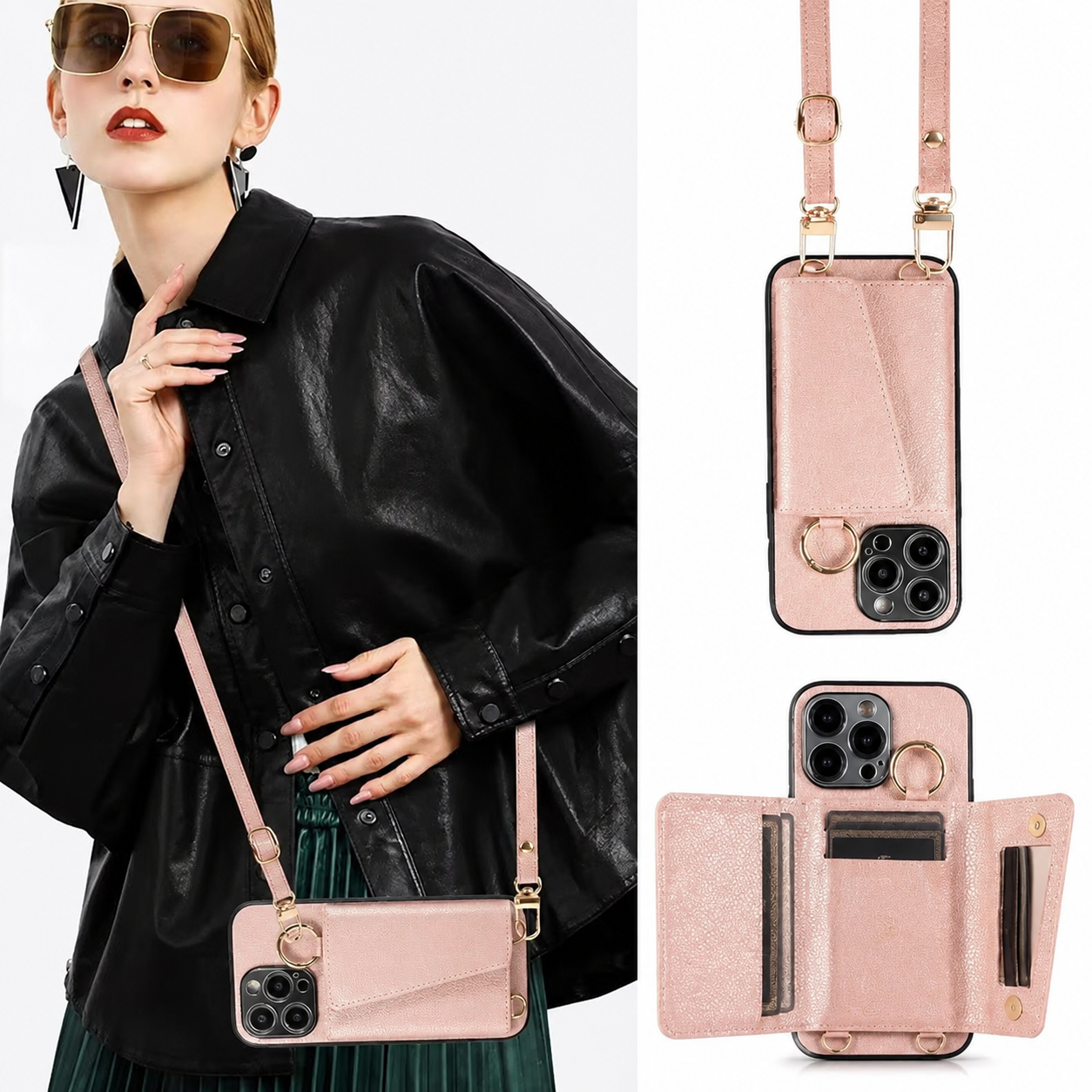 Premium iPhone Case MagSafe Compatible Magnetic Crossbody Wallet Cover PU Leather Card Holder Finger Ring Stand Strap Shockproof Full Coverage Design