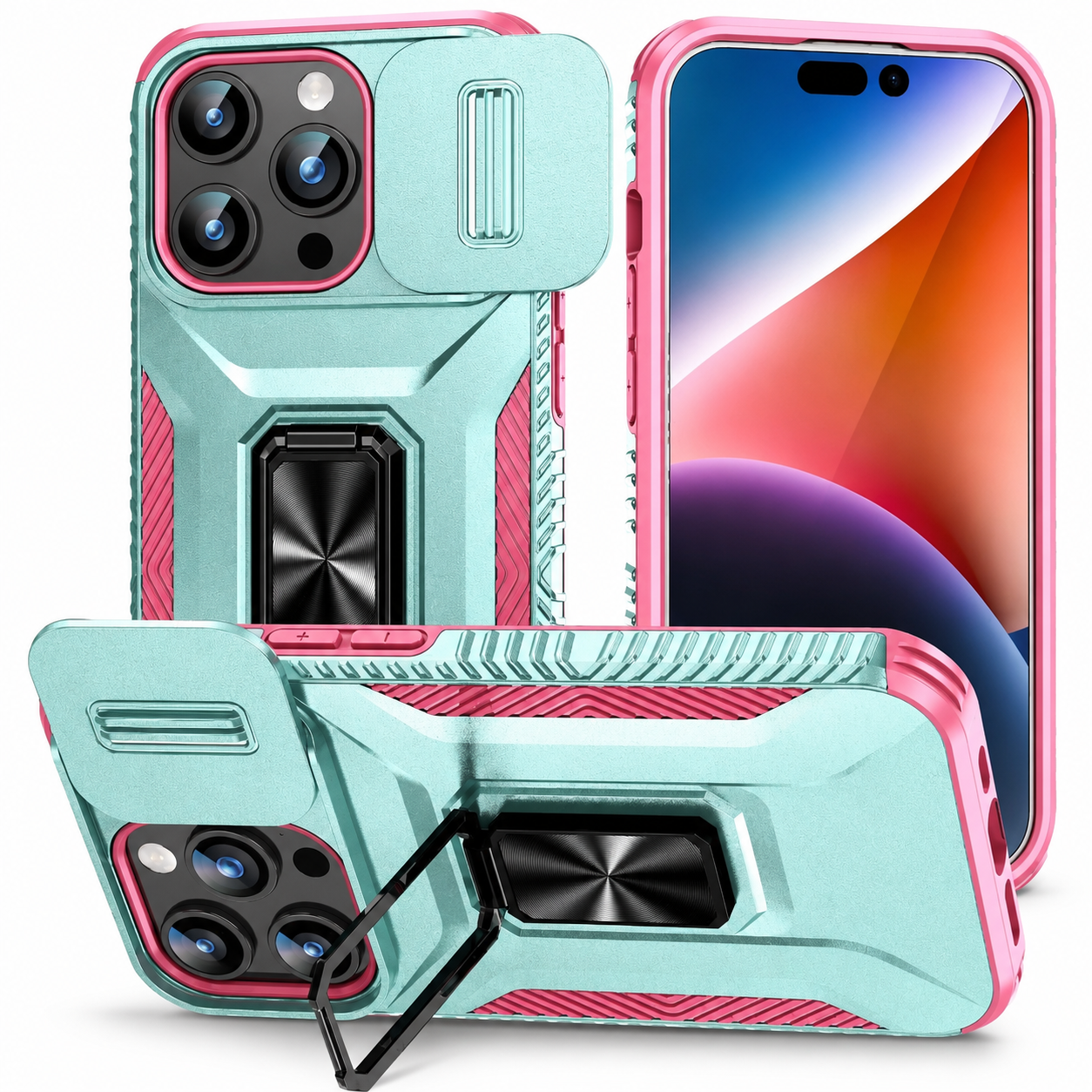Premium iPhone Case Shockproof Protective Cover Full Coverage Sliding Camera Lens Guard Rotary Stand Anti Slip Grip Durable Matte Design Hard Back