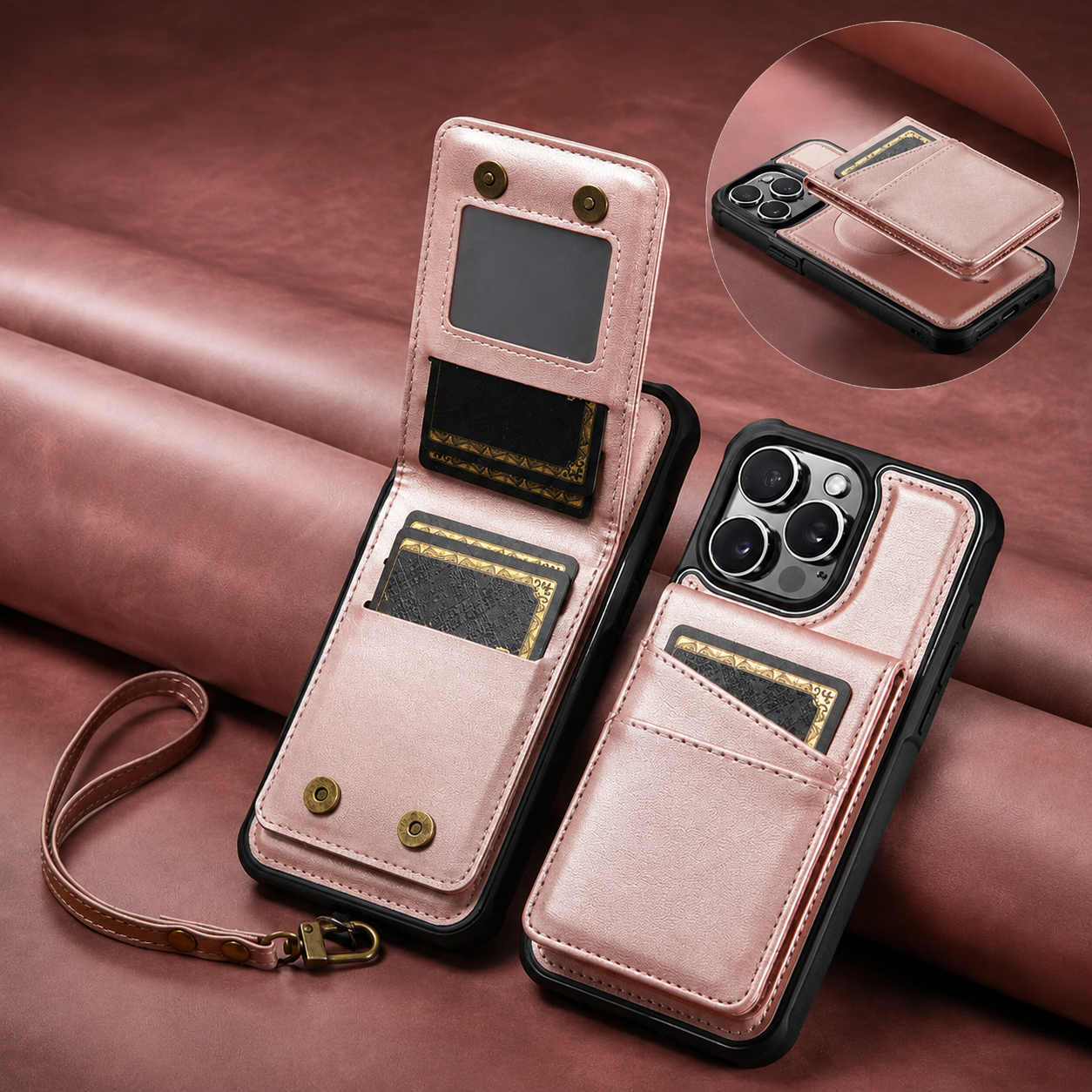 Premium iPhone Case Magnetic Detachable Wallet Flip Cover PU Leather Card Holder Cash Pocket Wrist Strap Shockproof Full Coverage Protective Design