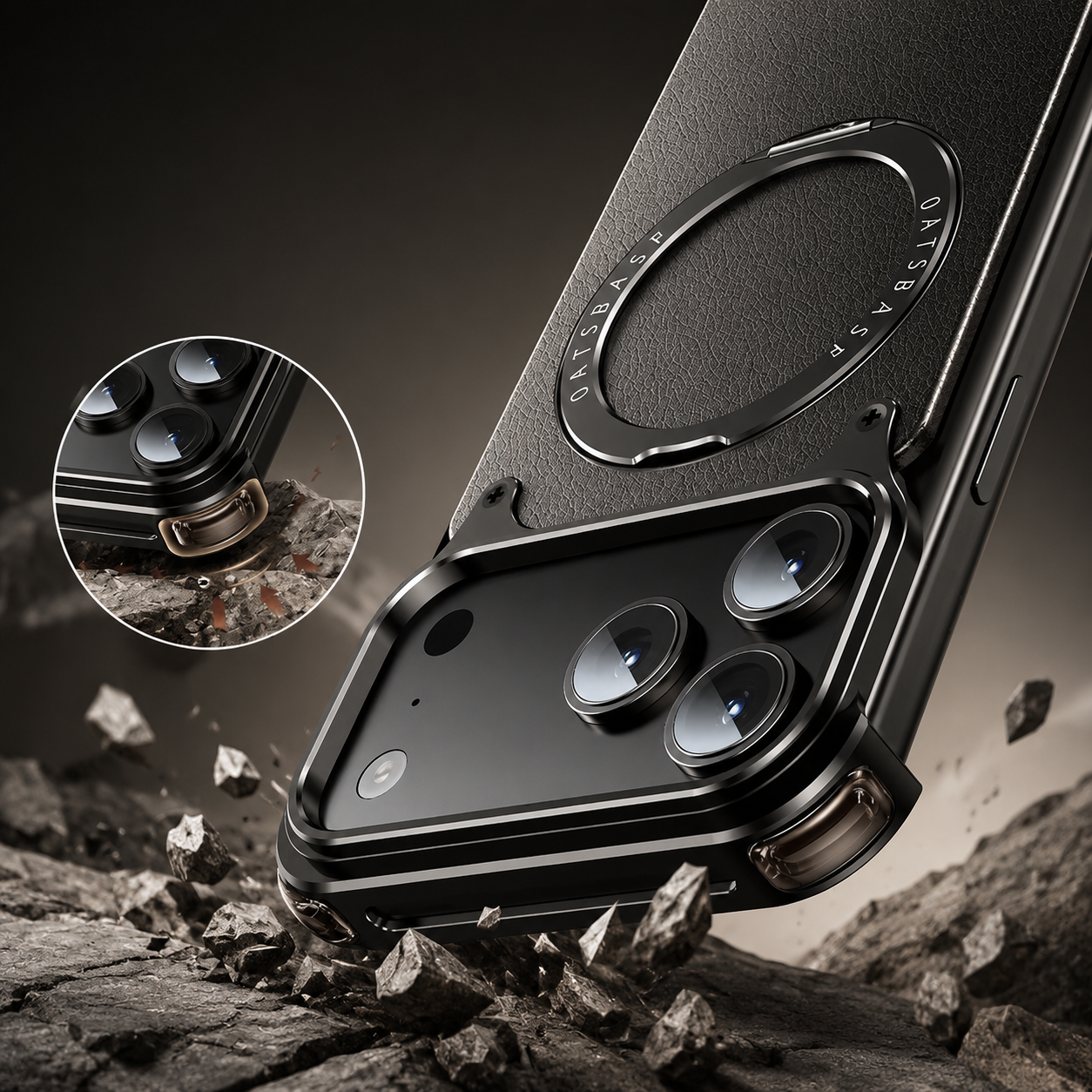 Premium iPhone Case Genuine Leather Magnetic Cover MagSafe Compatible Frameless Rotating Stand Ring Shockproof Anti Drop Protection Slim Profile