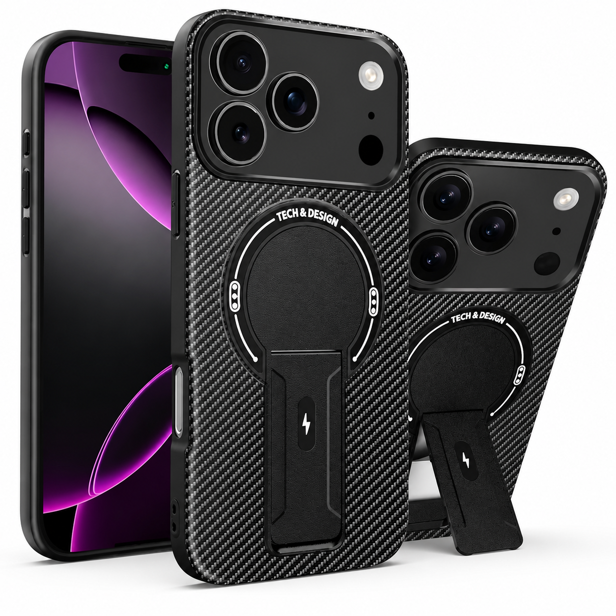 Premium iPhone Case MagSafe Compatible Carbon Fiber Pattern Fold Stand Shockproof Dual Layer Military Grade Protective Cover Full Coverage Armor Design
