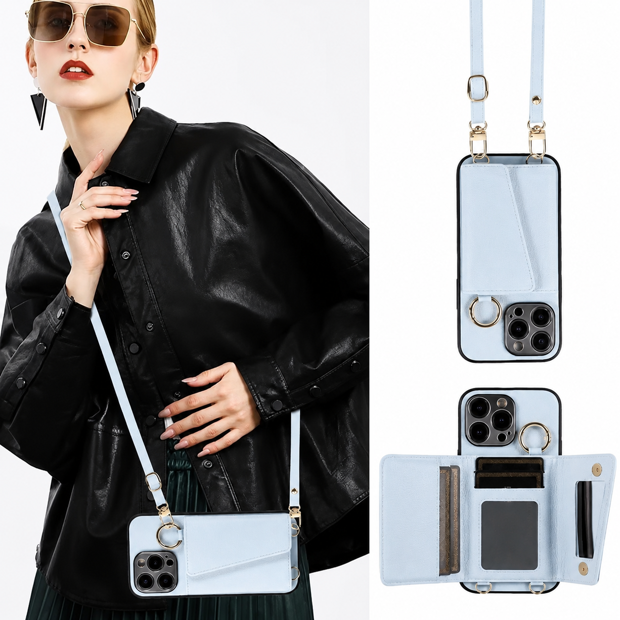 Premium iPhone Case MagSafe Compatible Magnetic Crossbody Wallet Cover PU Leather Card Holder Finger Ring Stand Strap Shockproof Full Coverage Design