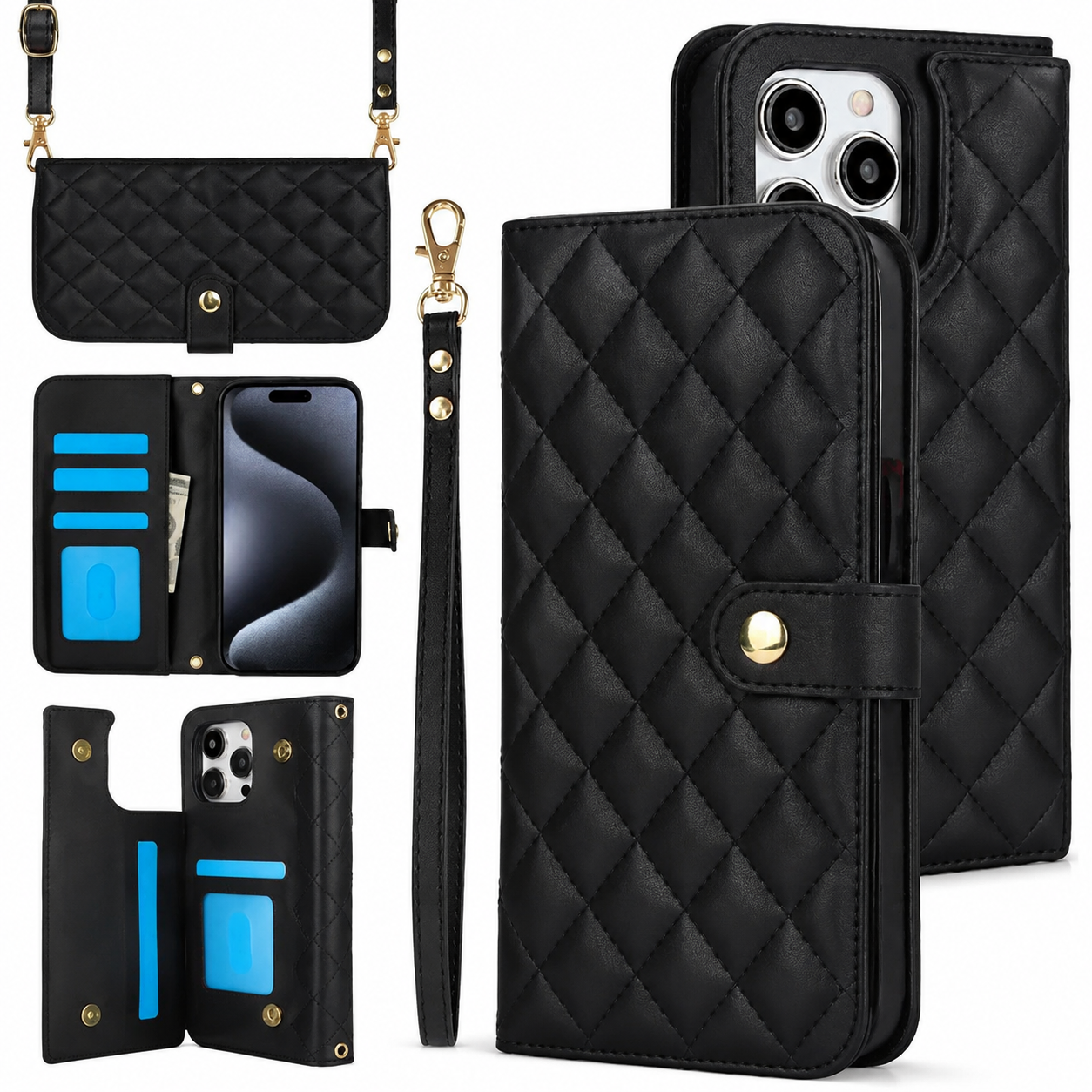 Premium iPhone Wallet Case Crossbody Flip Cover RFID Blocking Card Holder PU Leather Magnetic Closure Shockproof Full Coverage Strap Protective Case