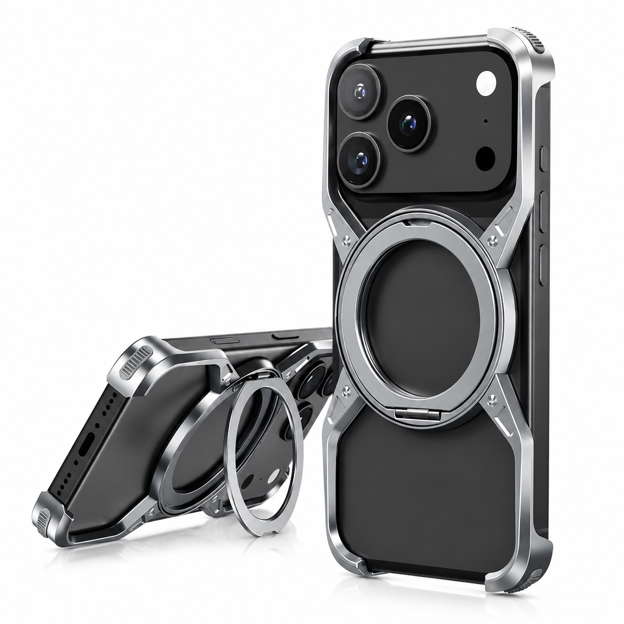 Premium iPhone Case MagSafe Compatible Magnetic Aluminum Bumper Frame Cover 360 Rotating Ring Stand Shockproof Edge Protection Camera Lens Guard Slim Design