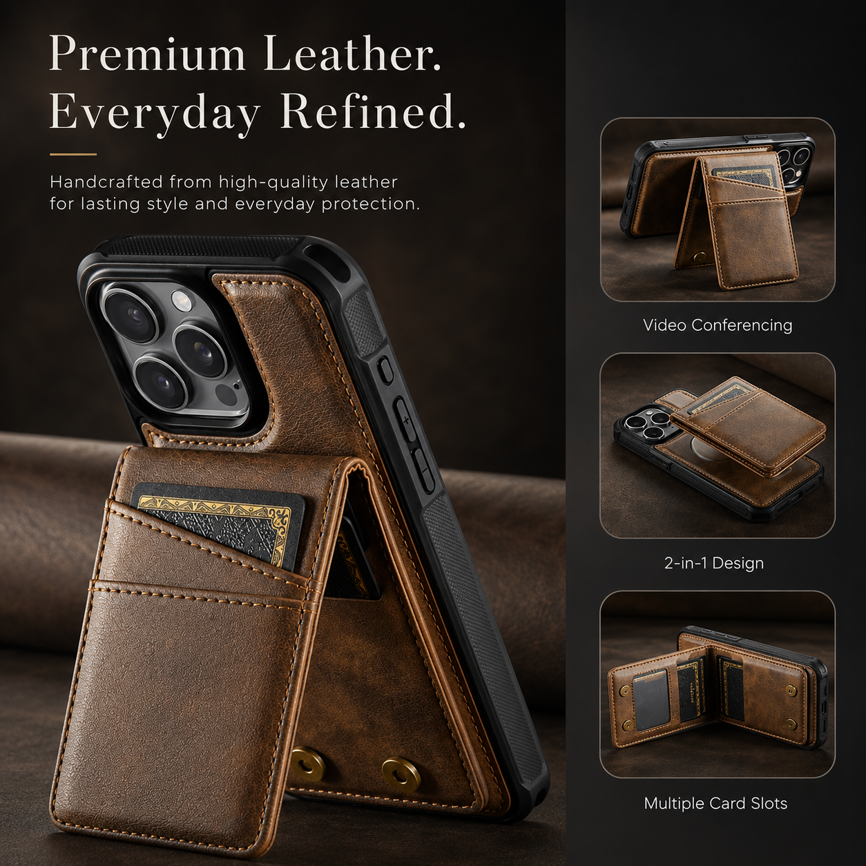 Premium iPhone Case Magnetic Detachable Wallet Flip Cover PU Leather Card Holder Cash Pocket Wrist Strap Shockproof Full Coverage Protective Design