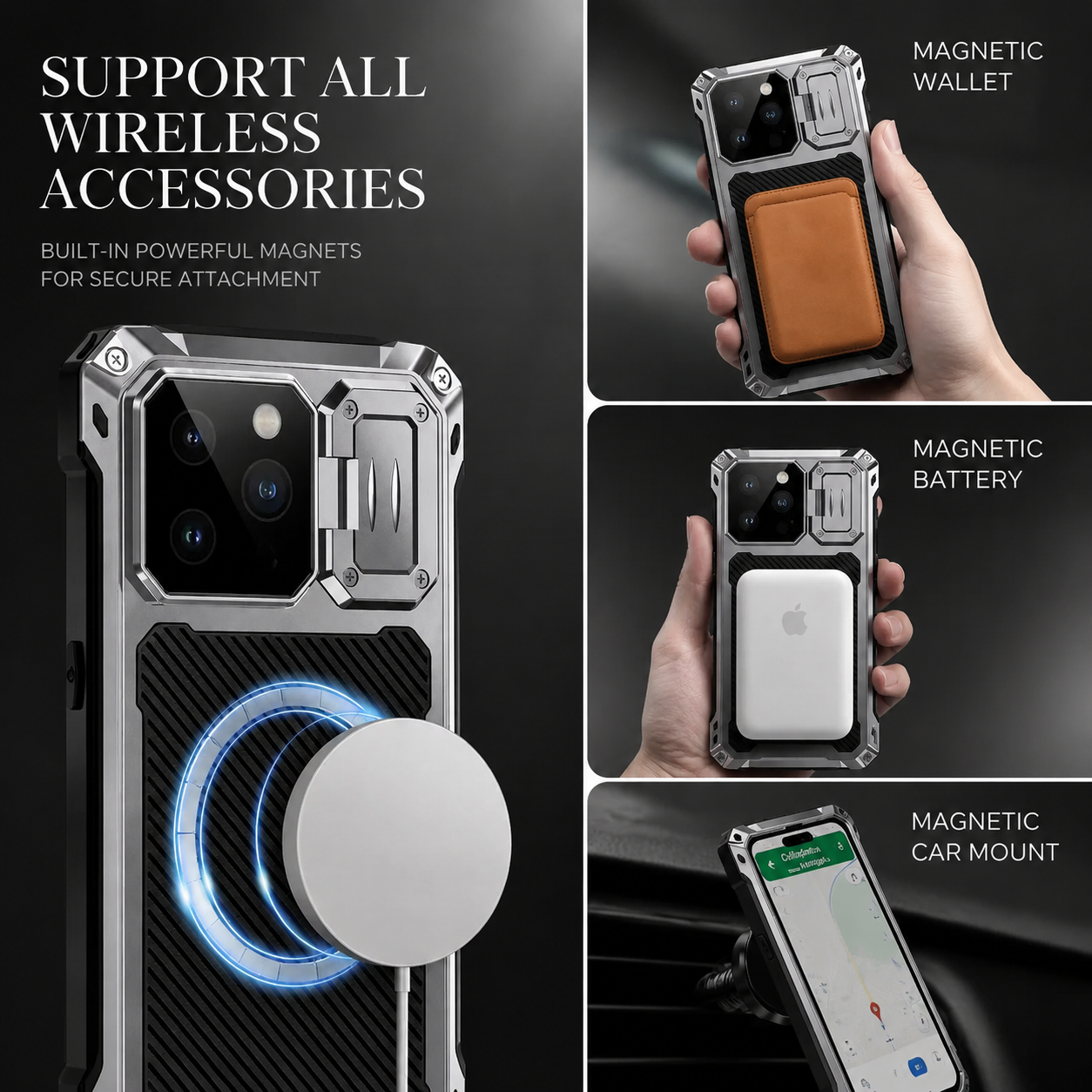 Premium iPhone Case Heavy Duty Metal MagSafe Cover Camera Guard Kickstand 9H Screen Protector Shockproof Aluminum Bumper Full Coverage Protective Design