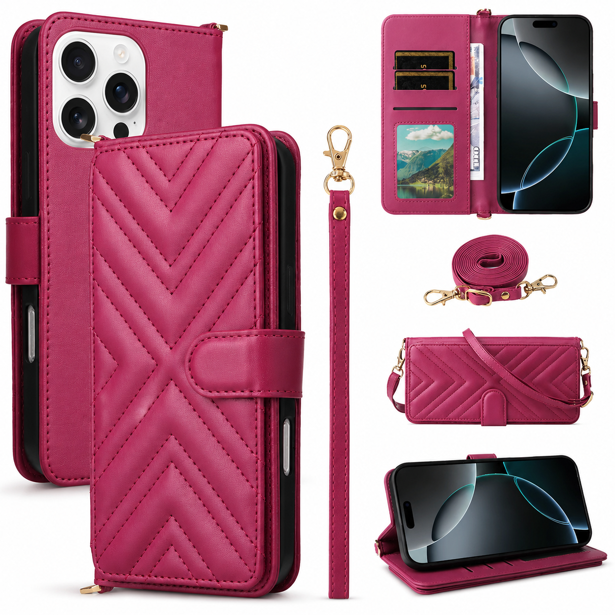Premium iPhone Case Crossbody Wallet PU Leather Cover Card Holder Shoulder Strap Magnetic Closure Shockproof Full Coverage Slim Design