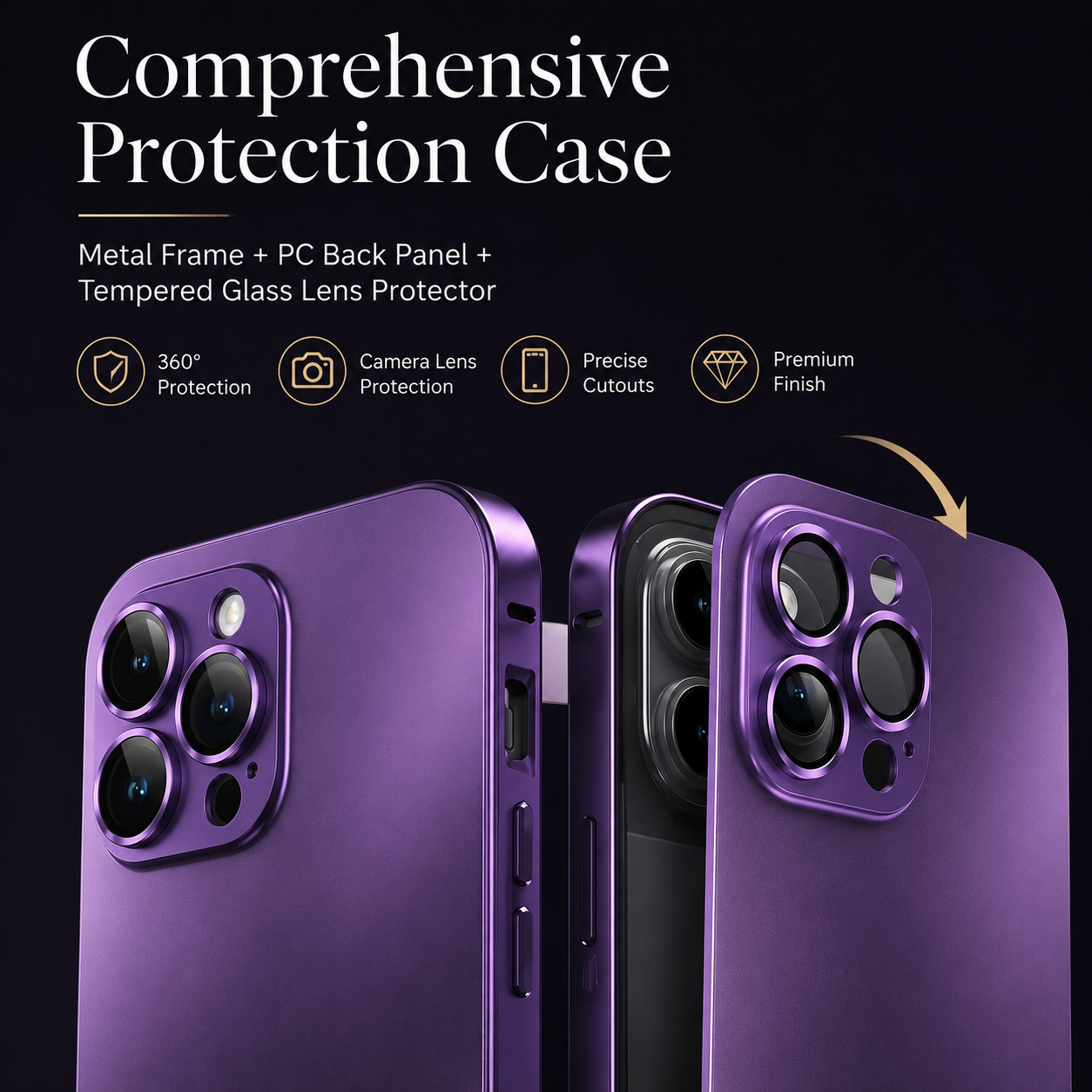 Premium iPhone Case Aluminum Metal Frame Protective Cover Shockproof Camera Lens Protection Wireless Charging Slim Lightweight PC Back Full Coverage