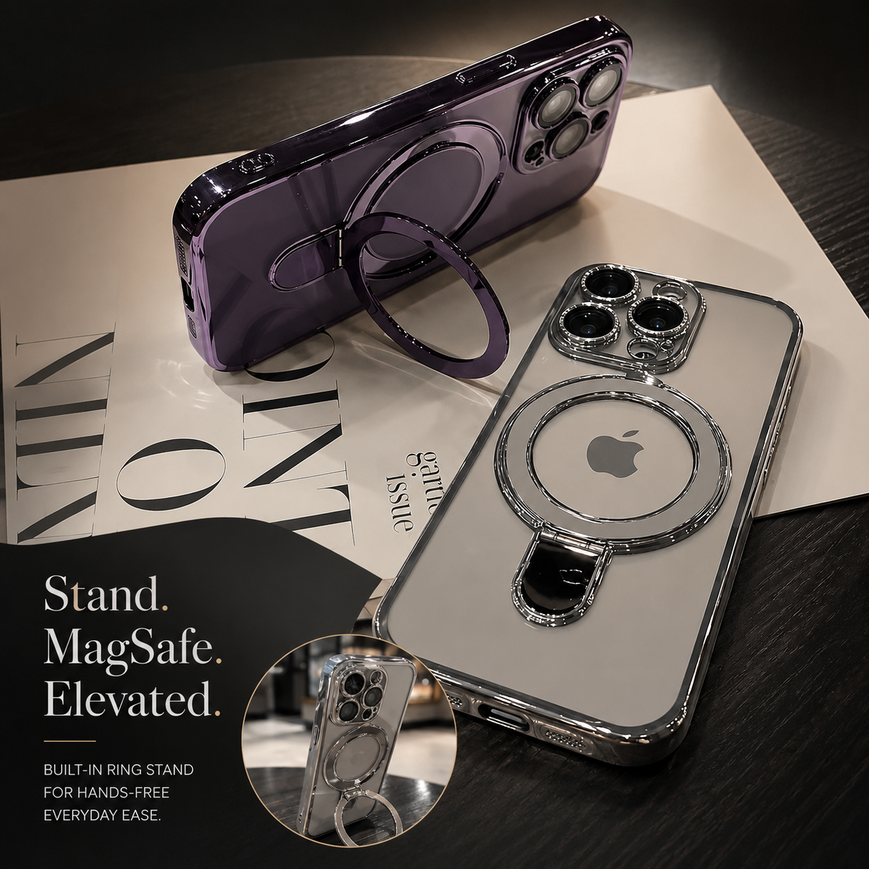 Premium iPhone Case MagSafe Compatible Magnetic Protective Cover Transparent Acrylic Back Built-in Stand Shockproof Camera Protection Slim Full Coverage