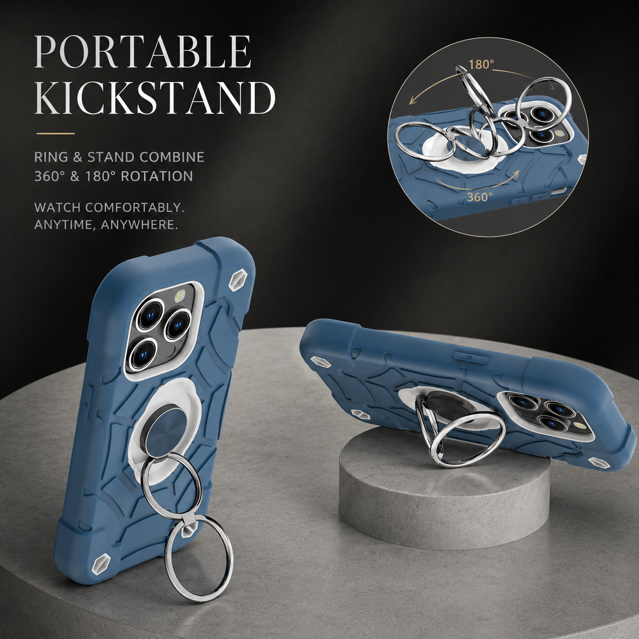 Premium iPhone Case Rugged Armor Cover Dual Layer Shockproof PC TPU Ring Holder Kickstand Anti Slip Grip Full Protection Design