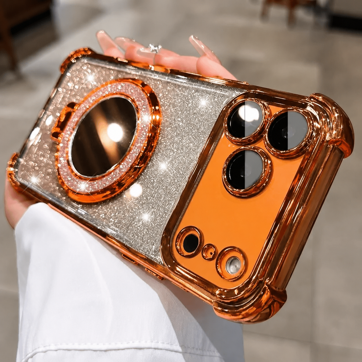 Premium iPhone Case Glitter Mirror Magnetic Bracket Cover Shockproof Silicone Non Slip Anti Scratch Full Coverage Stand Holder Protective Design